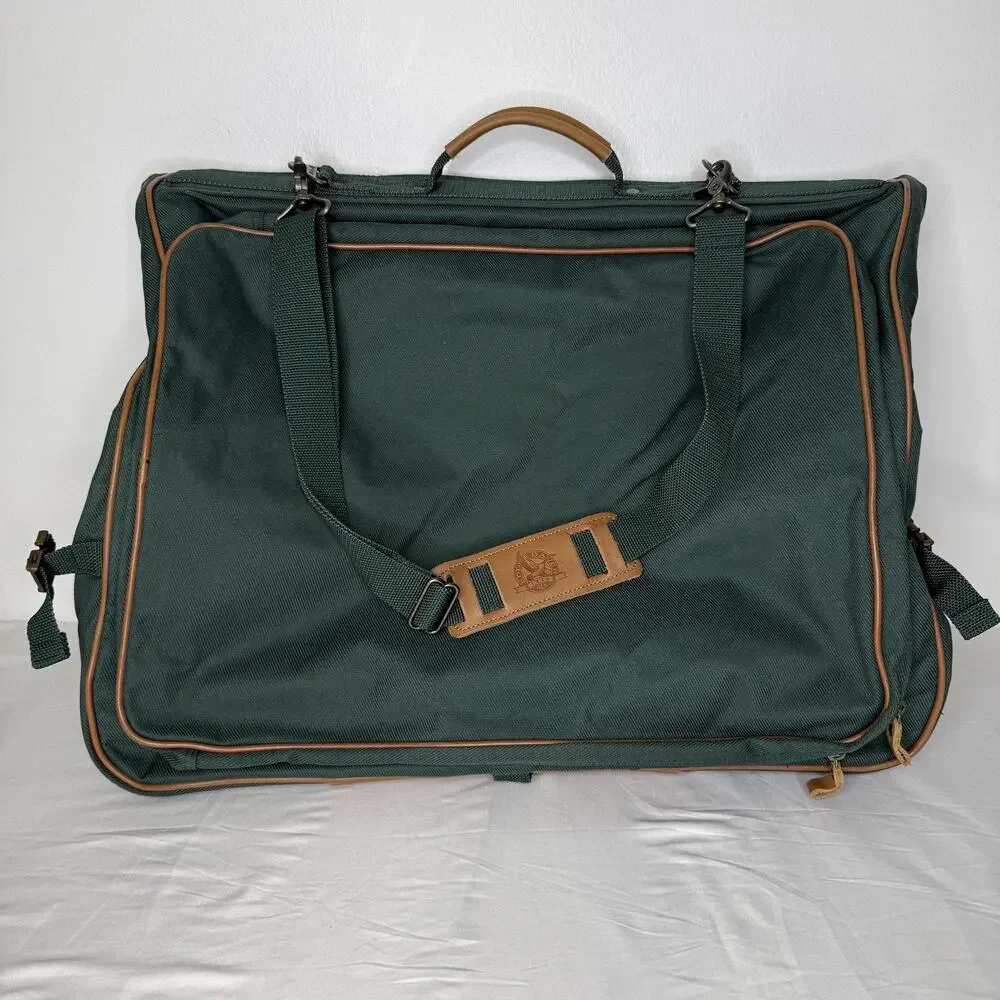 Eddie Bauer Garment Bag Green Nylon Leather Trim Travel Suit Carrier Luggage